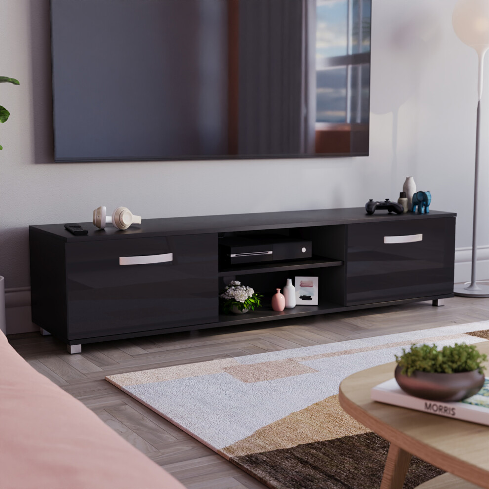 (Black) Cosmo 2 Door TV Cabinet with Shelf - 160cm