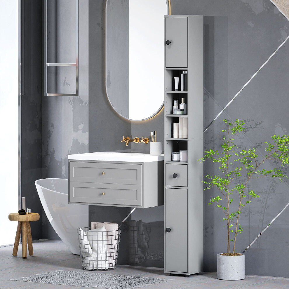 kleankin Slim Bathroom Cabinet, Toilet Roll Storage w/ Open Shelves, Grey