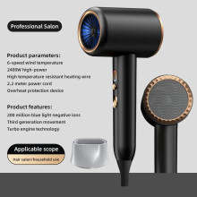 (Black, EU) Professional Hair Dryer Hot Cold Wind Air Brush Hairdryer Negative Lonic Blow Dryer Strong PowerDryer Salon Tool 2400W 3th Gear