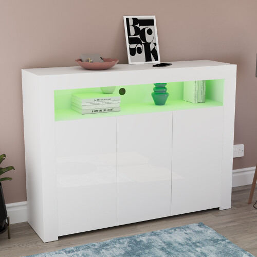 Vida Designs (White) Nova LED Gloss 3 Door Sideboard Cabinet Shelf 2