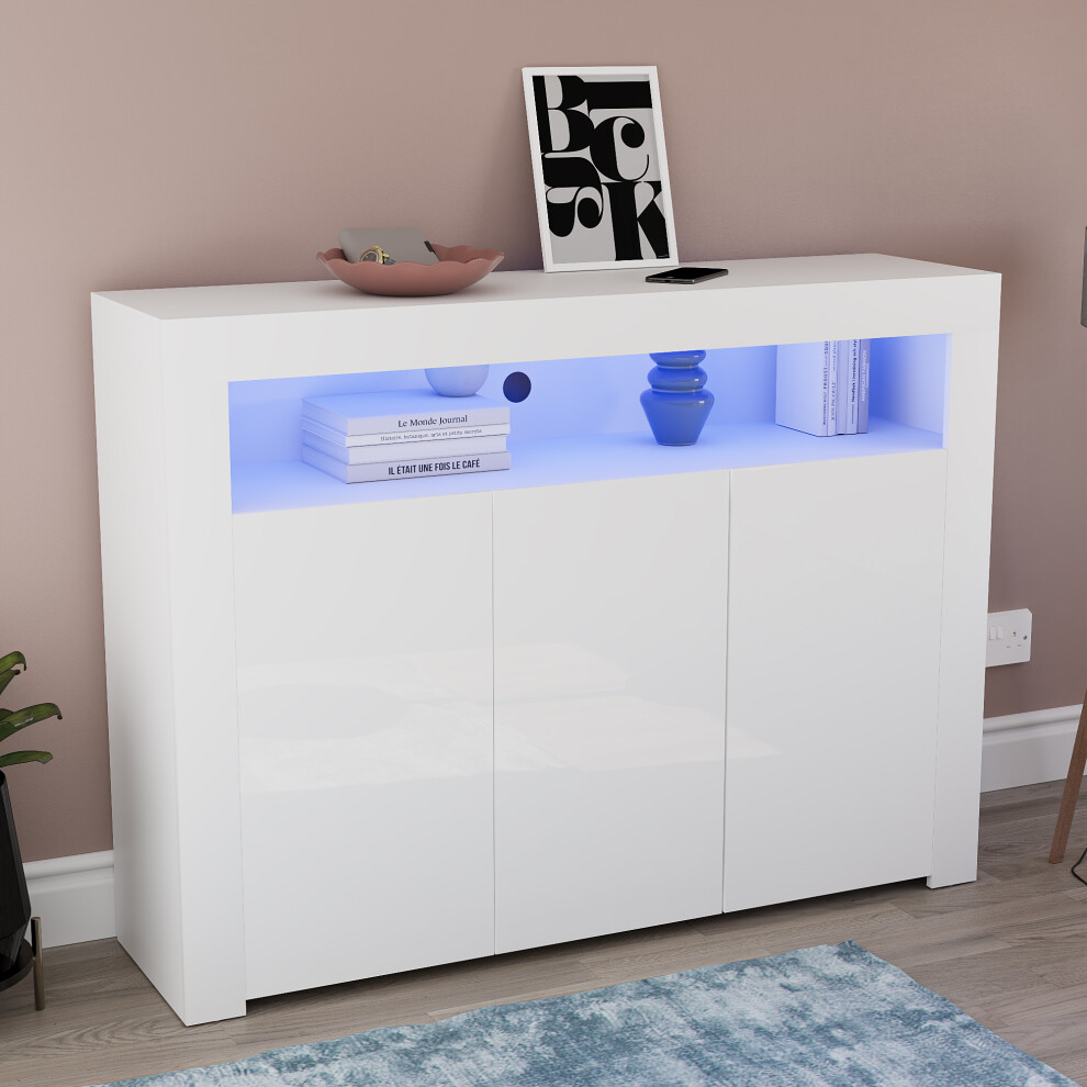 (White) Nova LED Gloss 3 Door Sideboard Cabinet Shelf