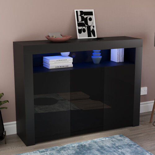 Vida Designs (Black) Nova LED Gloss 3 Door Sideboard Cabinet Shelf