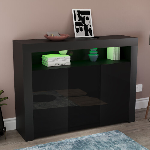 Vida Designs (Black) Nova LED Gloss 3 Door Sideboard Cabinet Shelf 2