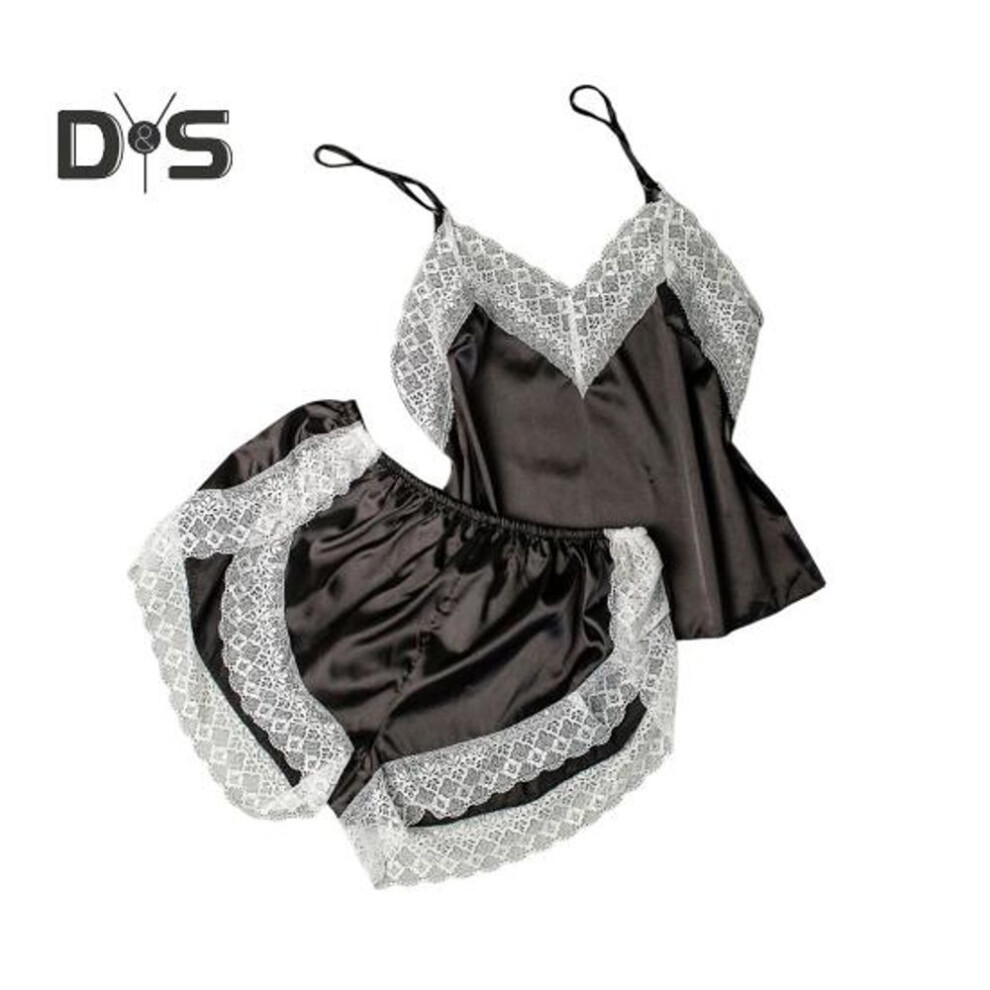 (XXL, black) Women's Pajamas Set Lace Trim Pajamas Homewear V-neck Sleeveless Cami Top And Shorts Set Sexy Ice Silk Sleepwear
