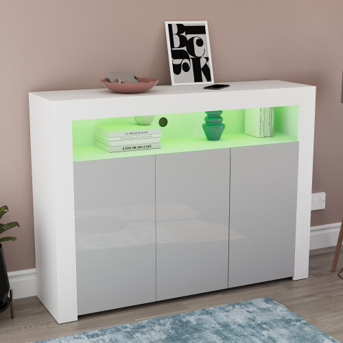Vida Designs (White & Grey) Nova LED Gloss 3 Door Sideboard Cabinet Shelf 2