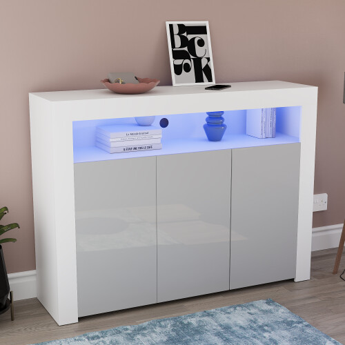 Vida Designs (White & Grey) Nova LED Gloss 3 Door Sideboard Cabinet Shelf