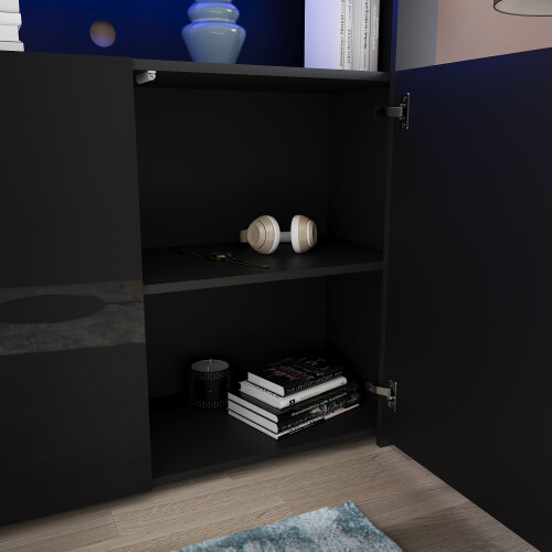 Vida Designs (Black) Nova 2 Door LED Gloss Sideboard with Wide Shelf 2