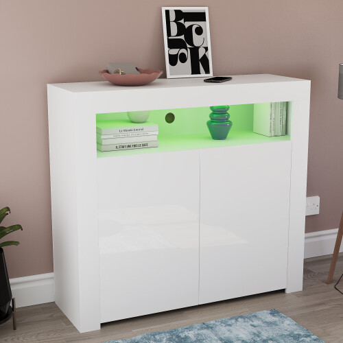 Vida Designs (White) Nova 2 Door LED Gloss Sideboard with Wide Shelf 2