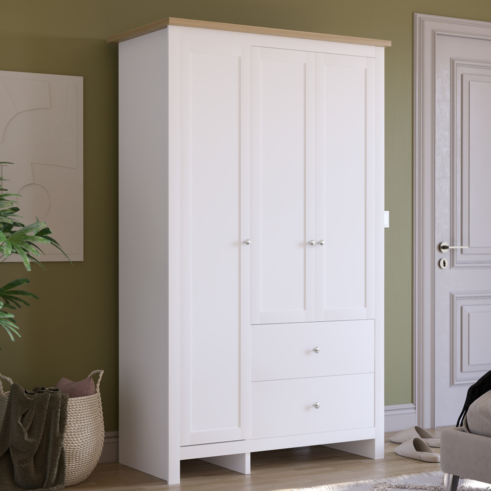 (White & Oak) Arlington 3 Door 2 Drawer Shaker Style Wardrobe