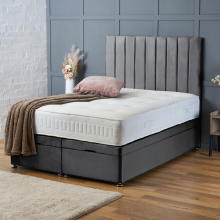 (SINGLE-3FT, GREY PLUSH) DOUBLE OTTOMAN PANEL DIVAN BED 54" UPHOLESTERED HEADBOARD+MATTRESS (END LIFT OPENING)