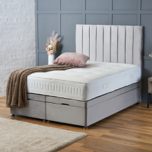 (KING-5FT, SILVER PLUSH) DOUBLE OTTOMAN PANEL DIVAN BED 54" UPHOLESTERED HEADBOARD+MATTRESS (END LIFT OPENING)
