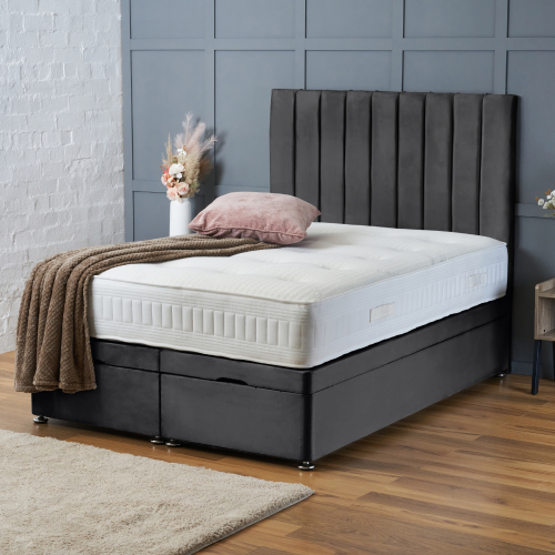 (KING-5FT, STEEL PLUSH) DOUBLE OTTOMAN PANEL DIVAN BED 54" UPHOLESTERED HEADBOARD+MATTRESS (END LIFT OPENING)