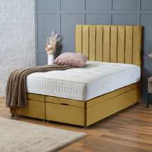 (KING-5FT, MUSTARD PLUSH) DOUBLE OTTOMAN PANEL DIVAN BED 54" UPHOLESTERED HEADBOARD+MATTRESS (END LIFT OPENING)