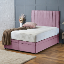 (SUPER KING-6FT, PINK PLUSH) DOUBLE OTTOMAN PANEL DIVAN BED 54" UPHOLESTERED HEADBOARD+MATTRESS (END LIFT OPENING)