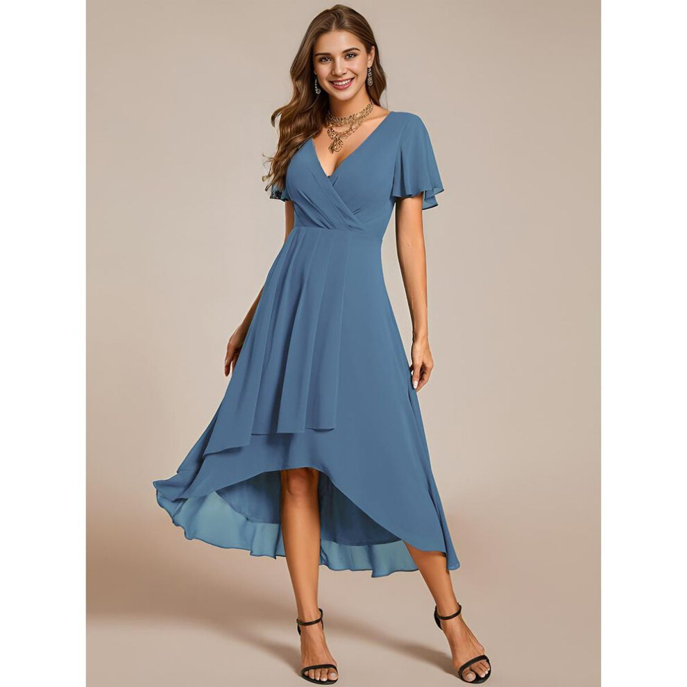 (air force blue, M) Ever-pretty Women&apos;s V-neck Midi Chiffon High-low Hem Wedding Guest Dress With Ruffles Sleeve