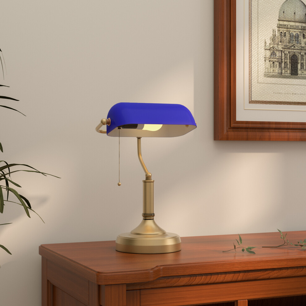 Homcom Banker's Table Lamp W/ Antique Tone Base, Bronze/Blue