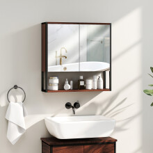 HOMCOM Industrial Bathroom Cabinet with 2 Mirrored Doors Open Shelf, Natural
