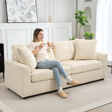 HOMCOM 212 cm Upholstered Jumbo Cord Sofa Couch with Spring Cushion, Cream