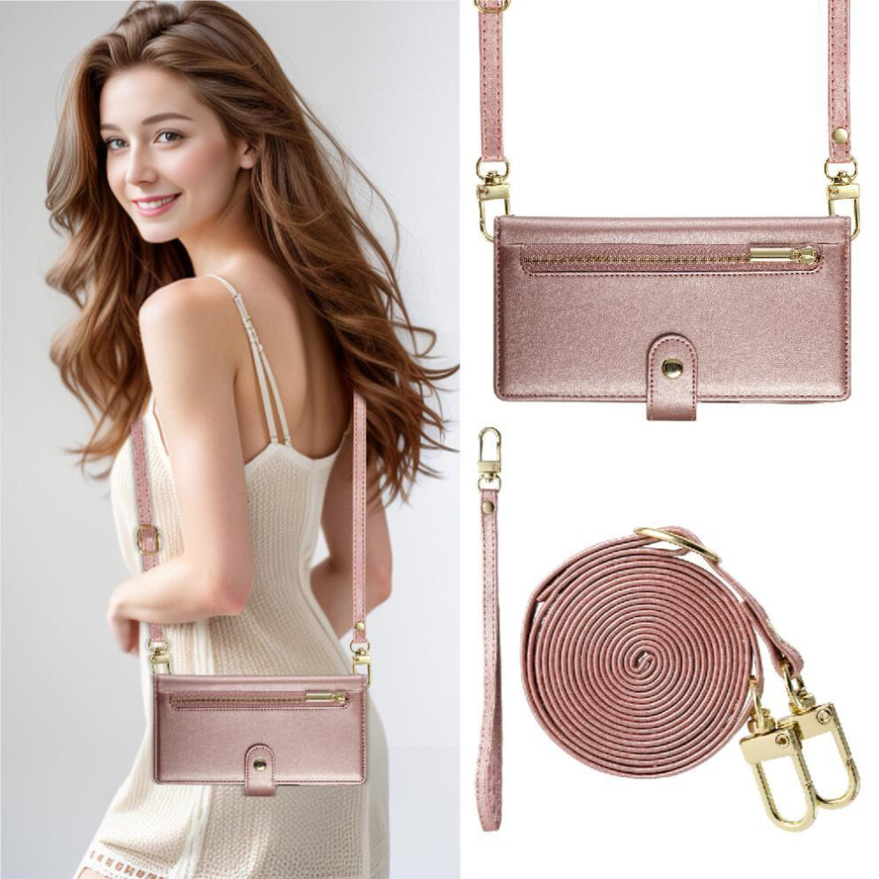 (Pink) Flip Case For Samsung Galaxy S25 Ultra Business Wallet Crossbody Strap Multifunctional Stand Pink 764563514090