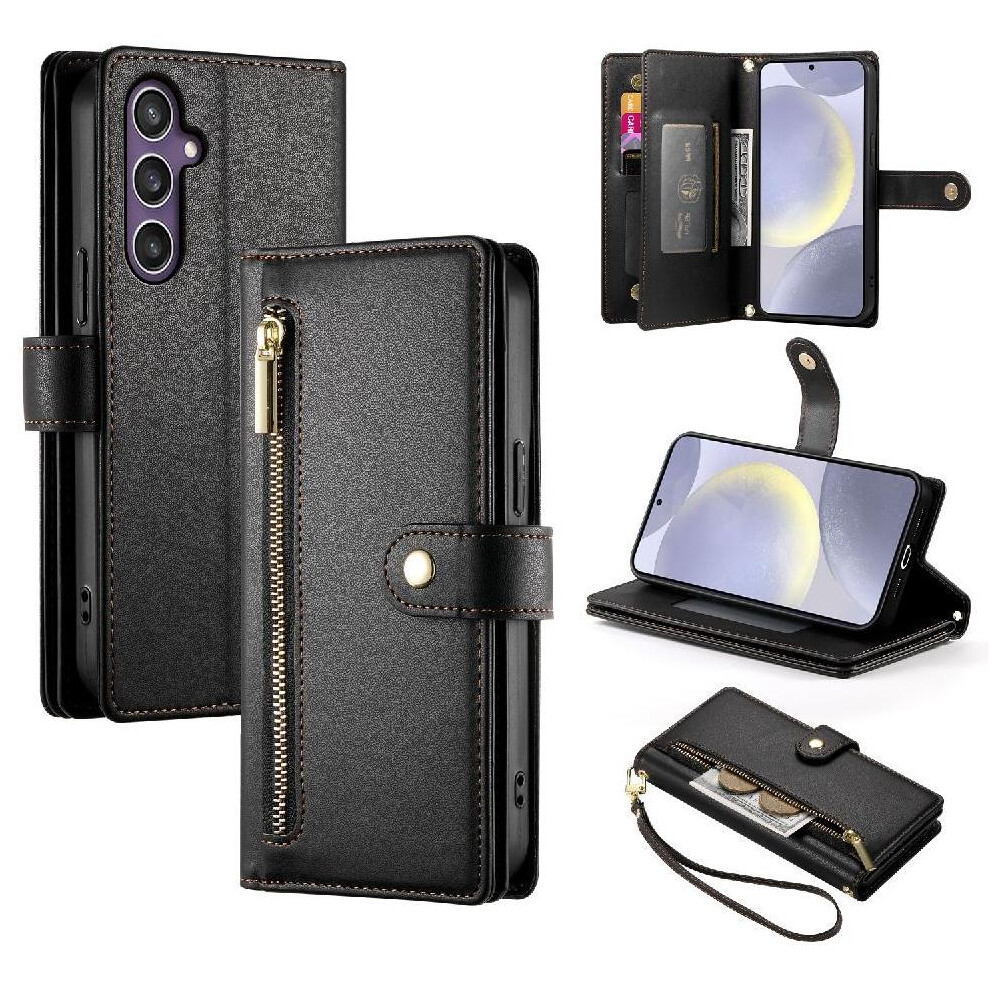 (Black) Flip Case For Samsung Galaxy S25 Business Wallet Stand Crossbody Strap Multifunctional Black 764563514182