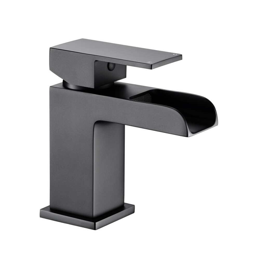 (Matt Black) Kelvin Square Waterfall Mono Basin Mixer Tap With Waste 5056066406954