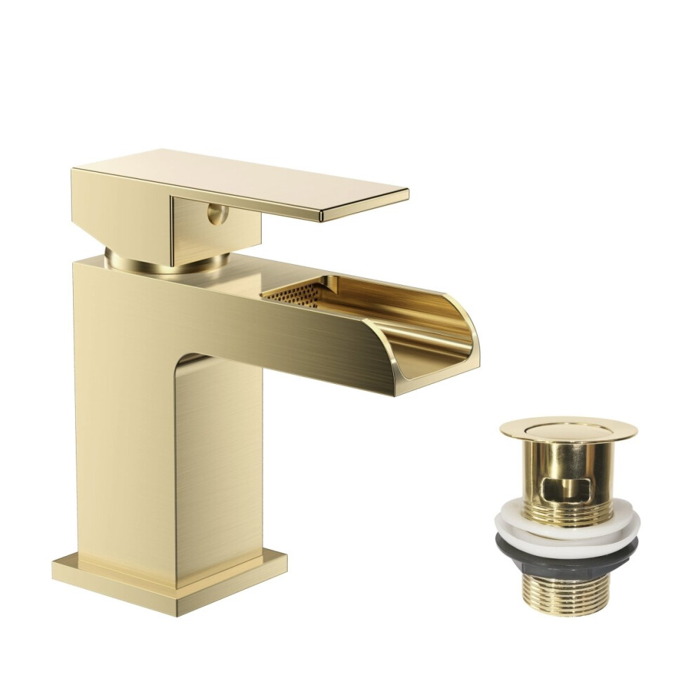 (Brushed Brass) Kelvin Square Waterfall Mono Basin Mixer Tap with Waste
