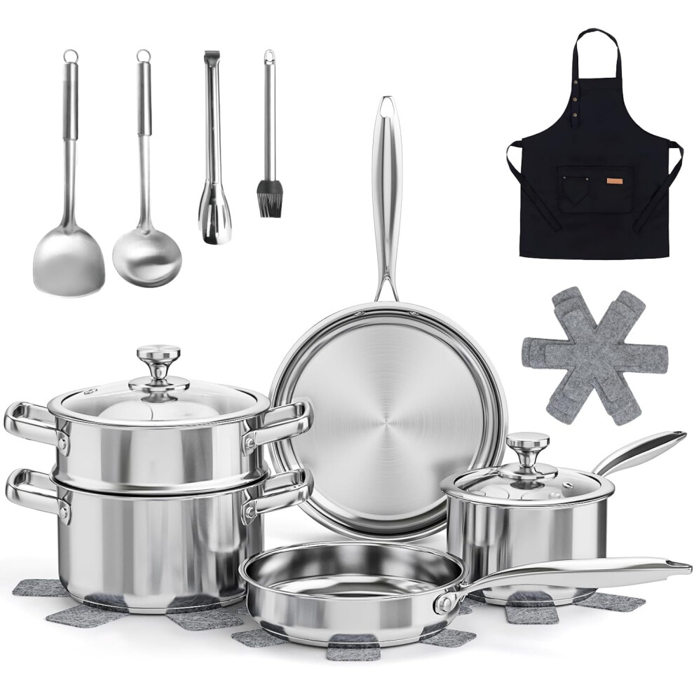 16-Piece Stainless Steel Saucepan Set, Induction Pots and Pans Set with Steamer & Glass Lids, Kitchen Cookware Set with Utensil Set Pot Protectors