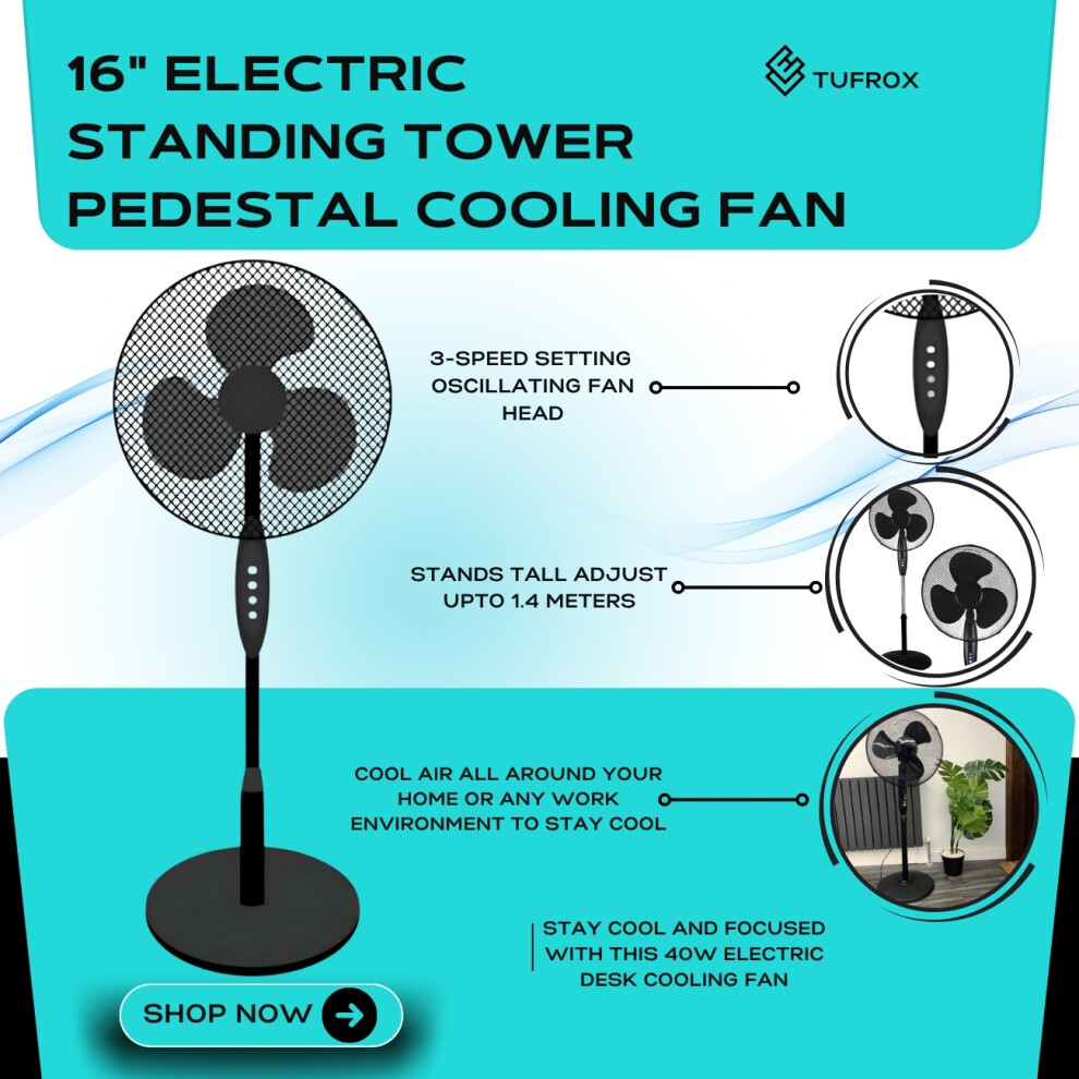 Black 16" Oscillating 3 Speed Fan Free Standing Tower Pedestal Cooling
