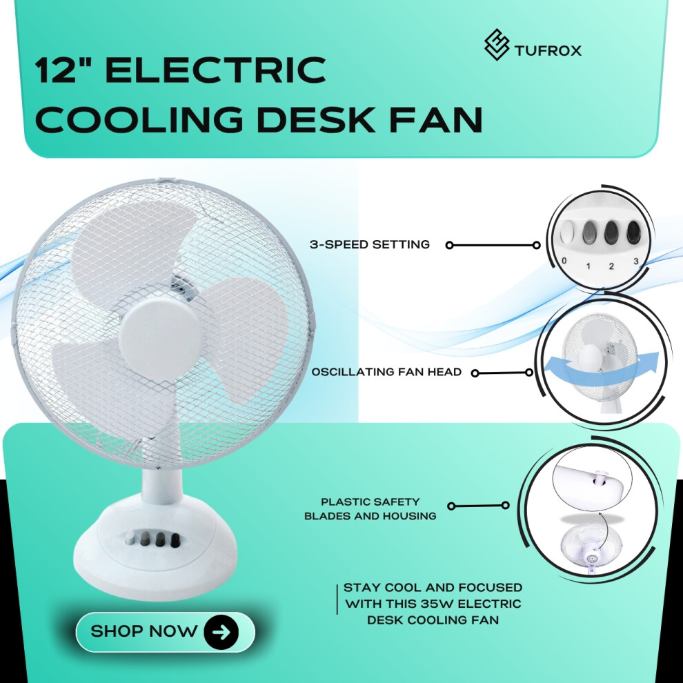 12 Inch 35W Air Cooling Oscillating Table Desk Fan Home Office 3 Speed
