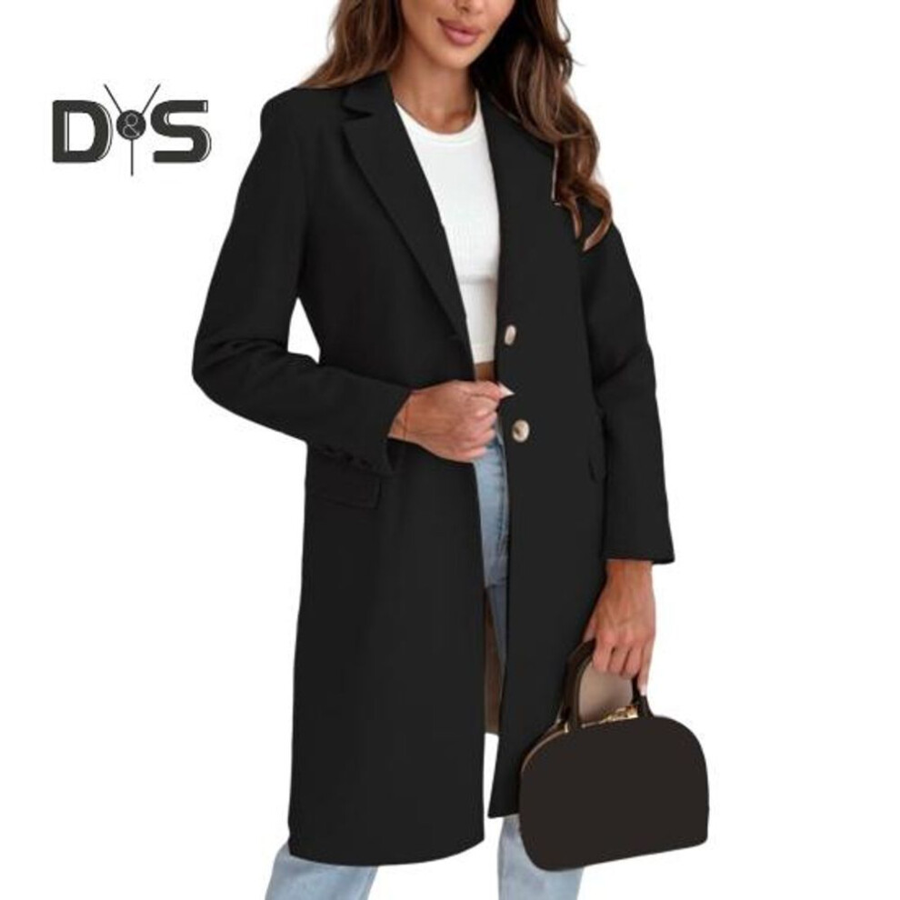 (black, L) Winter Women Woolen Coat Button Closure Thick Mid Length Pure Color Turn-down Collar Jacket Warm Formal Business OL Commuting Overcoat