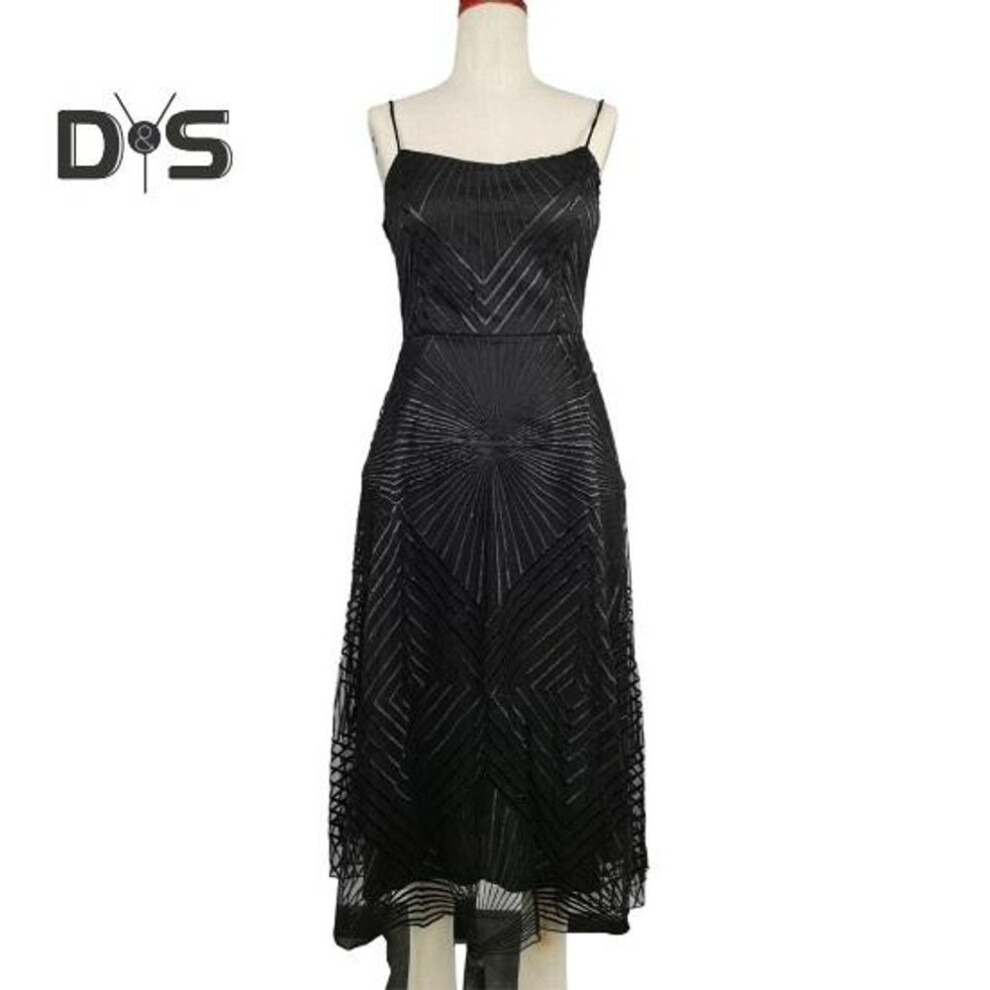 (black, L) Evening Dress V Neck A-line Slim Waist High Waist Strappy Dress Bing Swing Backless Sleeveless Embroidery Slip Dress for Prom Party