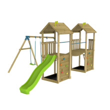 TP Skywood Wooden Tower Climbing Frame with Ripple Slide, Sky Bridge, Additional Play Tower & Double Swing Arm - FSC certified