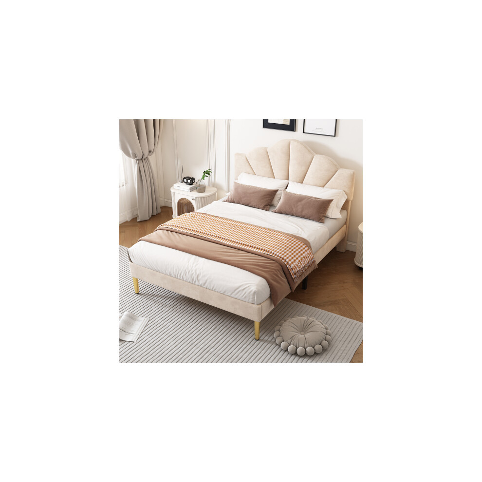 5ft Velvet upholstered King Size Bed, height-adjustable headboard, wooden slatted frame, Beige