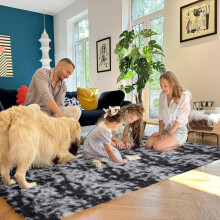 (60 CM x 220 CM- Runner Rug Non Slip, Tie Dye Black Grey) Shaggy Large Rugs Non Slip Bedroom Living Room Carpet Hallway Runner Rug