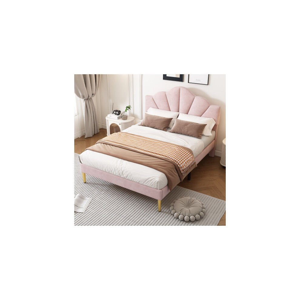 5ft Velvet upholstered King Size Bed, height-adjustable headboard, wooden slatted frame, Pink