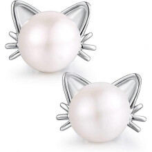 Cat Earrings-silver-925 Pearl Earrings Cat Studs 925 Silver Pearl Earrings Kids