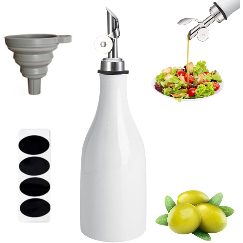 (White) Ceramic Olive Oil Bottle Dispenser,10 Oz Large Capacity Oil And Vinegar Dispensing Bottle Opaque Cruet White