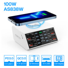 (AS838W Spina coreana bianca) Stazione di ricarica rapida USB C da 100 W, 4 QC3.0 + 4 PD3.0 PPS + Wireless