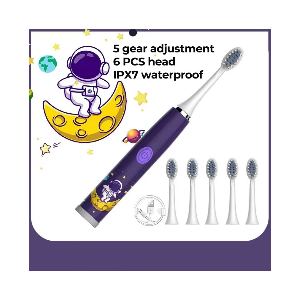 Purple ( 6 Head) Children's Sonic Electric Toothbrush Colorful Cartoon For Children Rechargeable Soft