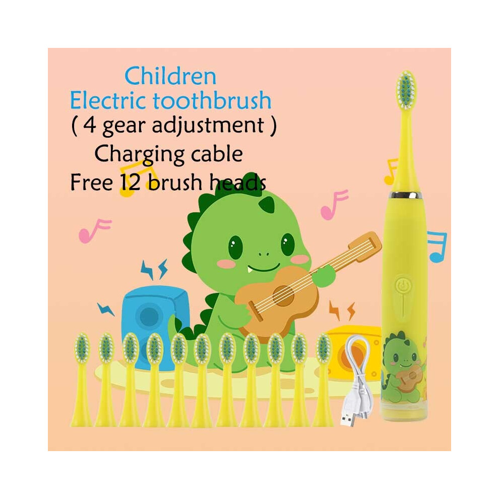 (Yellow 12 head) Children's Sonic electric toothbrush Colorful cartoon for children Rechargeable soft-image-OPC-PH7W8R5-NEW