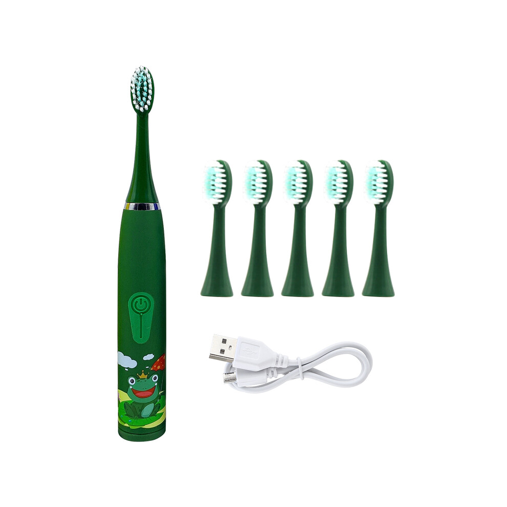 (green) Children's electric toothbrush with replaceable brush heads Children's cartoon toothbrush Ultrasonic
