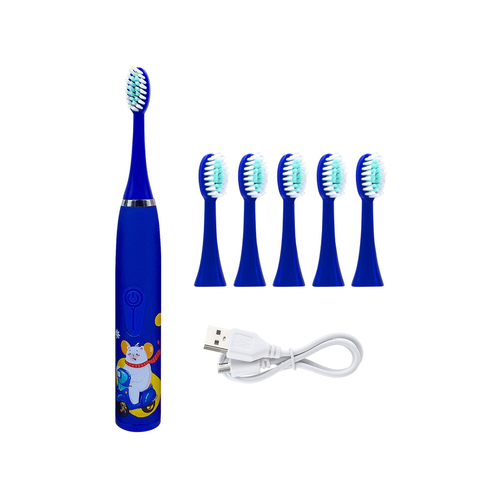 (Blue) Children's electric toothbrush with replaceable brush heads Children's cartoon toothbrush Ultrasonic