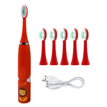 (Red) Children's electric toothbrush with replaceable brush heads Children's cartoon toothbrush Ultrasonic