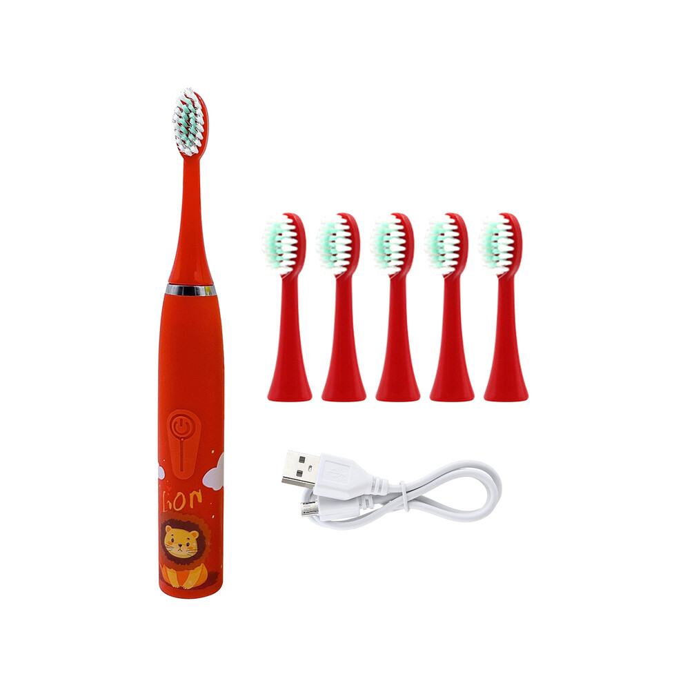 (Red) Children's electric toothbrush with replaceable brush heads Children's cartoon toothbrush Ultrasonic