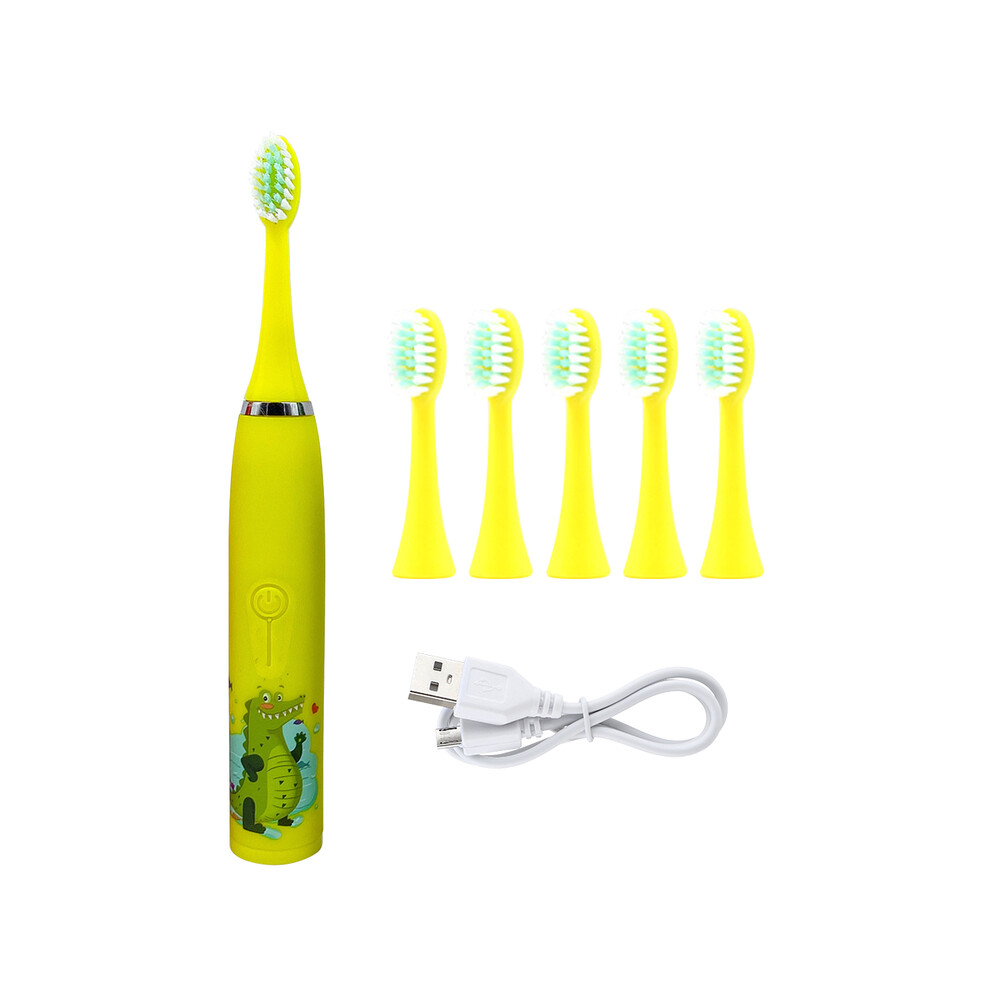 (Yellow) Children's electric toothbrush with replaceable brush heads Children's cartoon toothbrush Ultrasonic