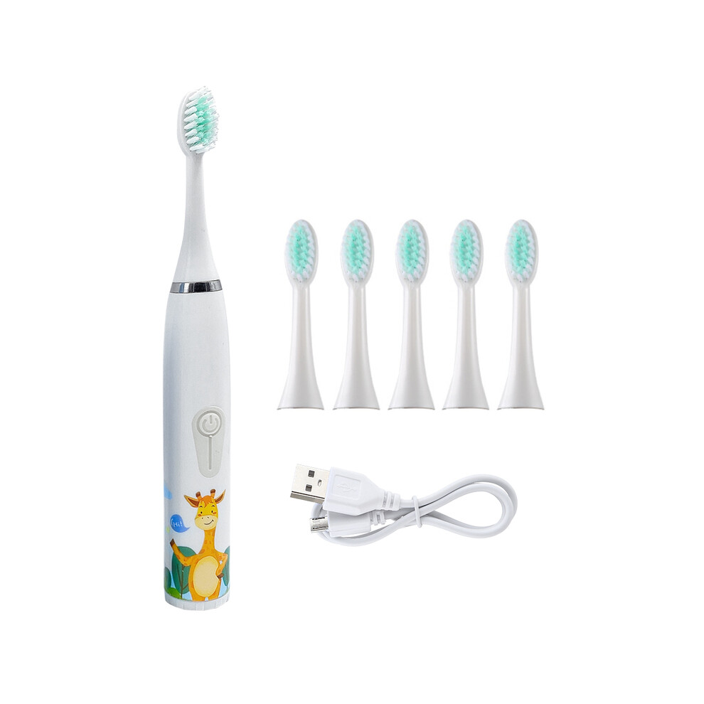 (WHITE) Children's electric toothbrush with replacement brush heads Children's cartoon toothbrush Ultrasonic