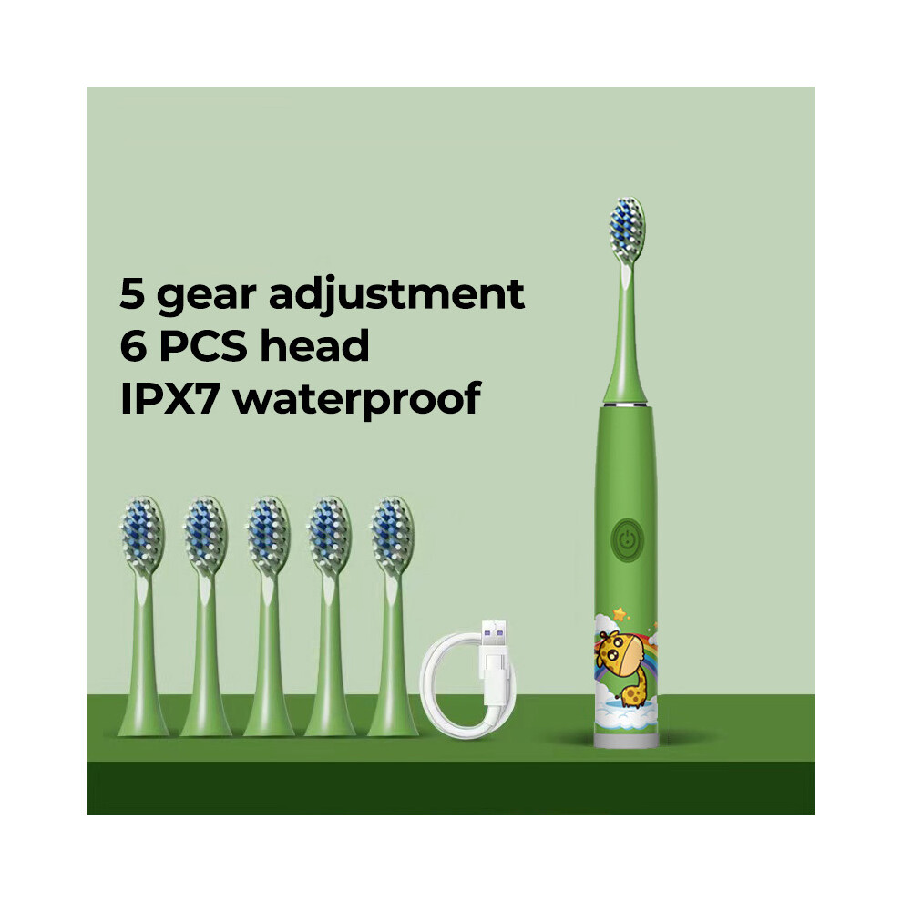 Green ( 6 Head) Children's Sonic Electric Toothbrush Colorful Cartoon For Children Rechargeable Soft