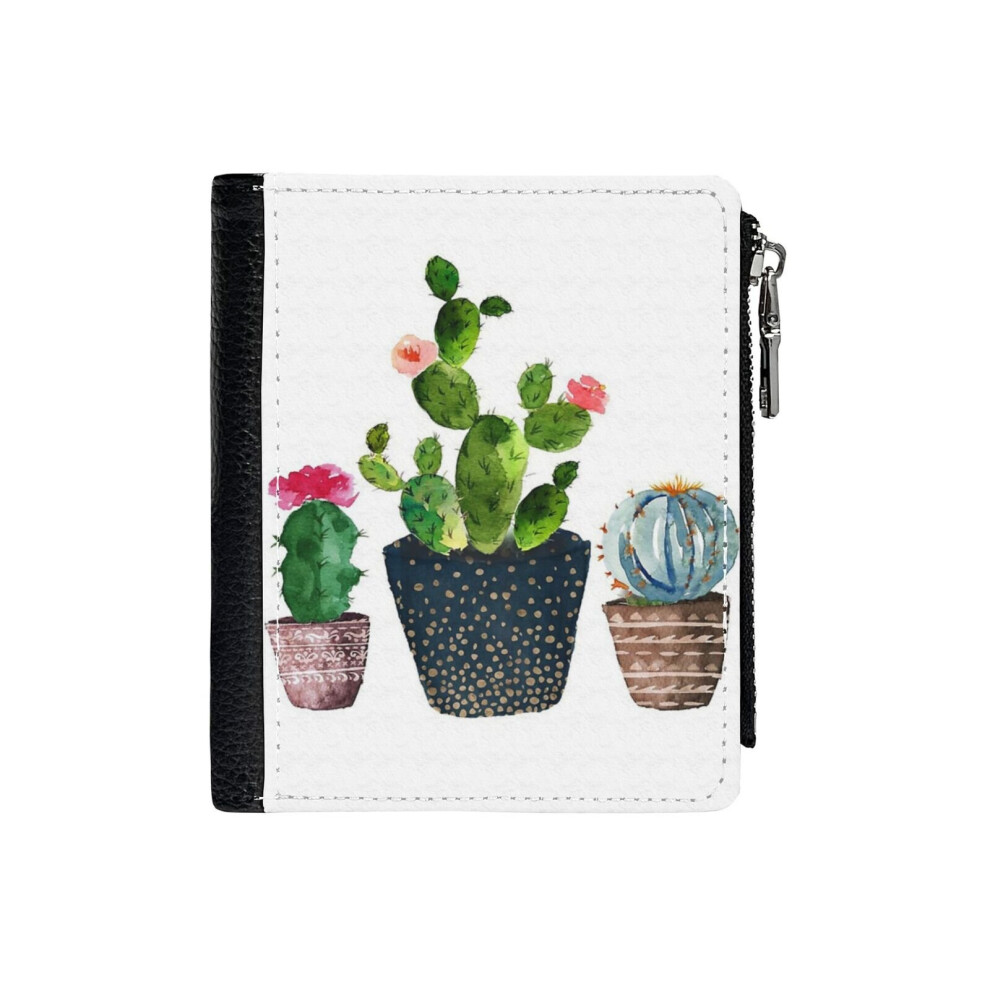 (Watercolor Hand Painted Cactus Trio_115) PU Wallet Compact Bifold with Zipper & Multiple Card Coins Slots Black Stylish Durable Graphic Design Print-image-OPC-PH7WMXP-NEW