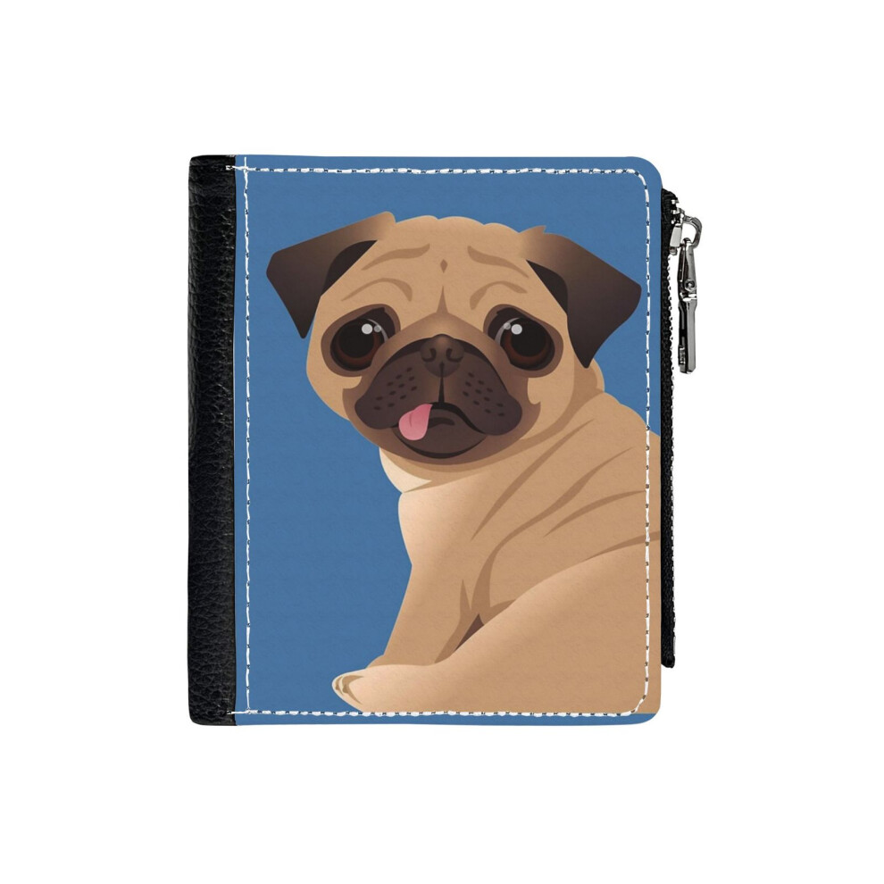 (PUG (blue)_98) PU Wallet Compact Bifold with Zipper & Multiple Card Coins Slots Black Stylish Durable Graphic Design Print for Men Women Kids Christm-image-OPC-PH7WQ68-NEW