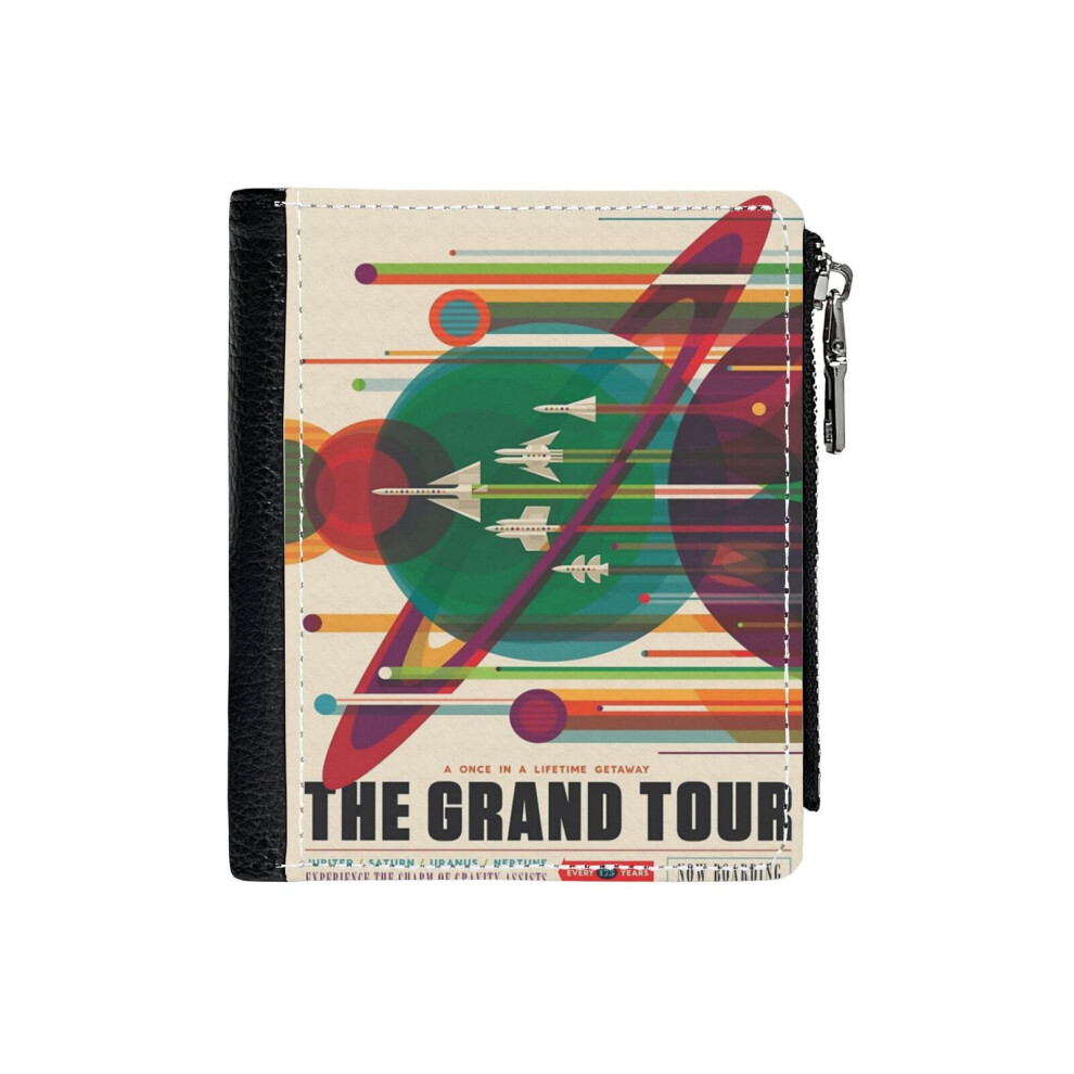 (Retro Space - The Grand Tour_34) PU Wallet Compact Bifold with Zipper & Multiple Card Coins Slots Black Stylish Durable Graphic Design Print for Men-image-OPC-PH7WTDT-NEW
